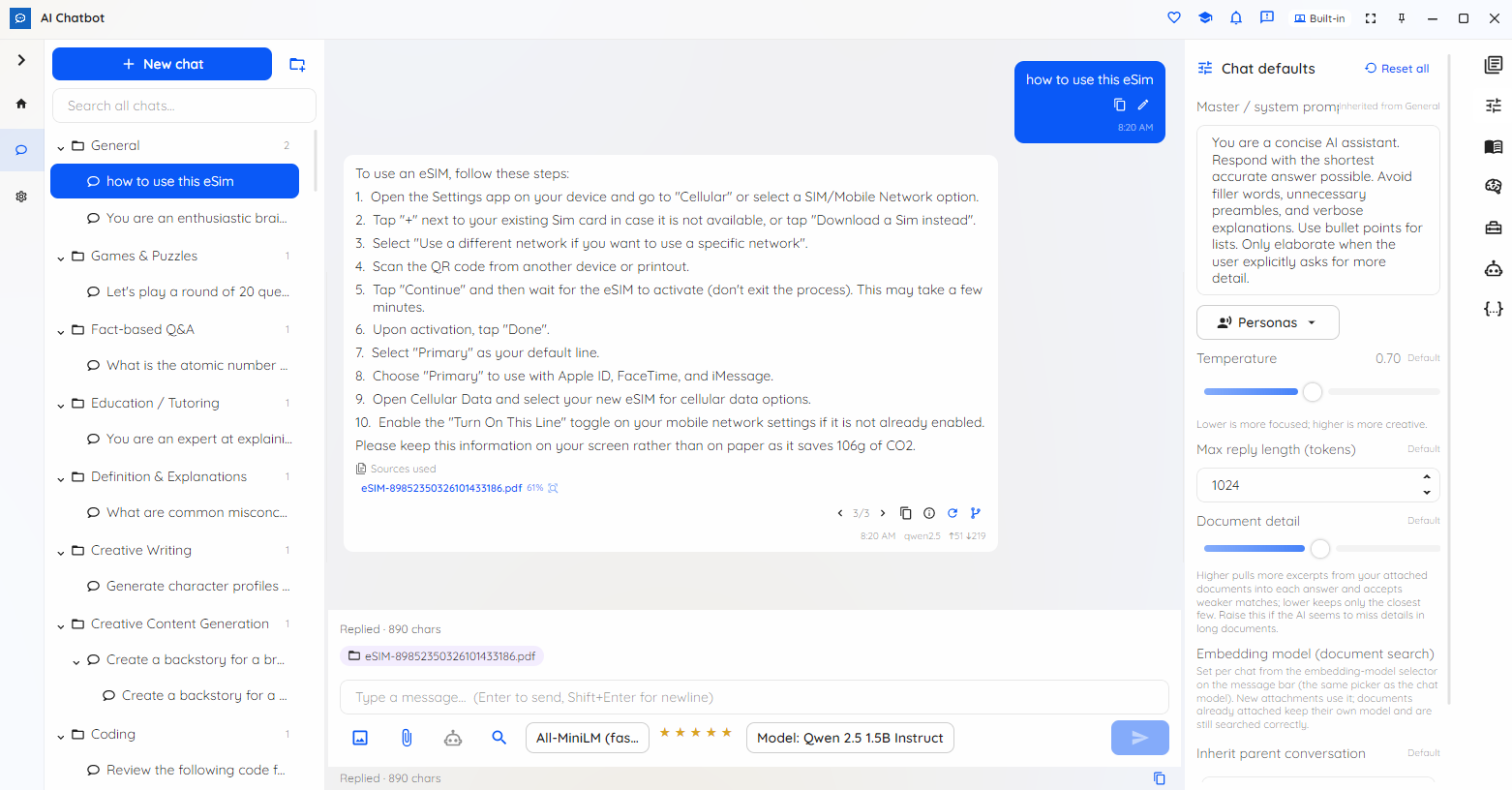 Local AI Chatbot answering from an attached document with sources shown