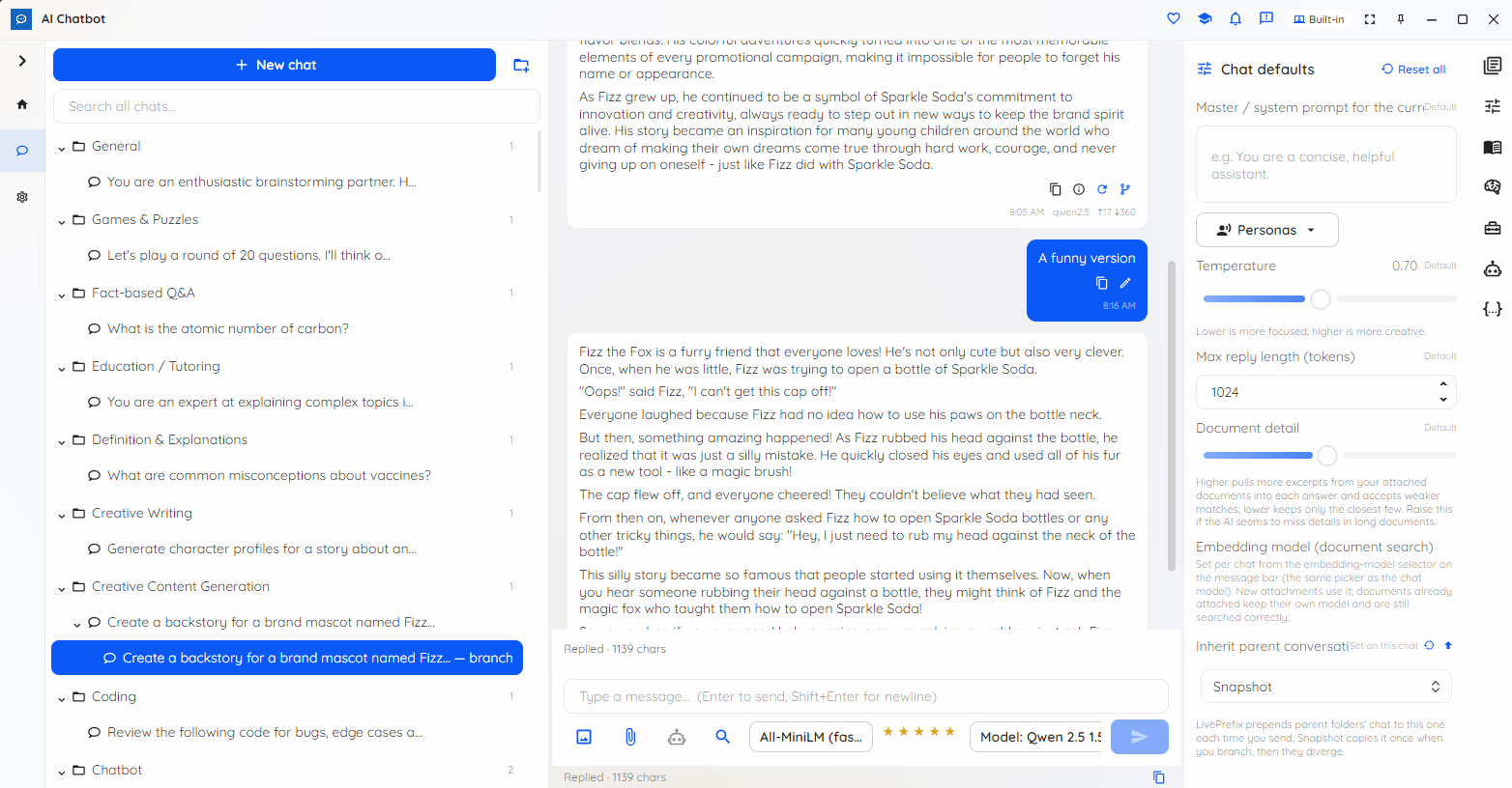 Conversation branching in Local AI Chatbot with a version switcher