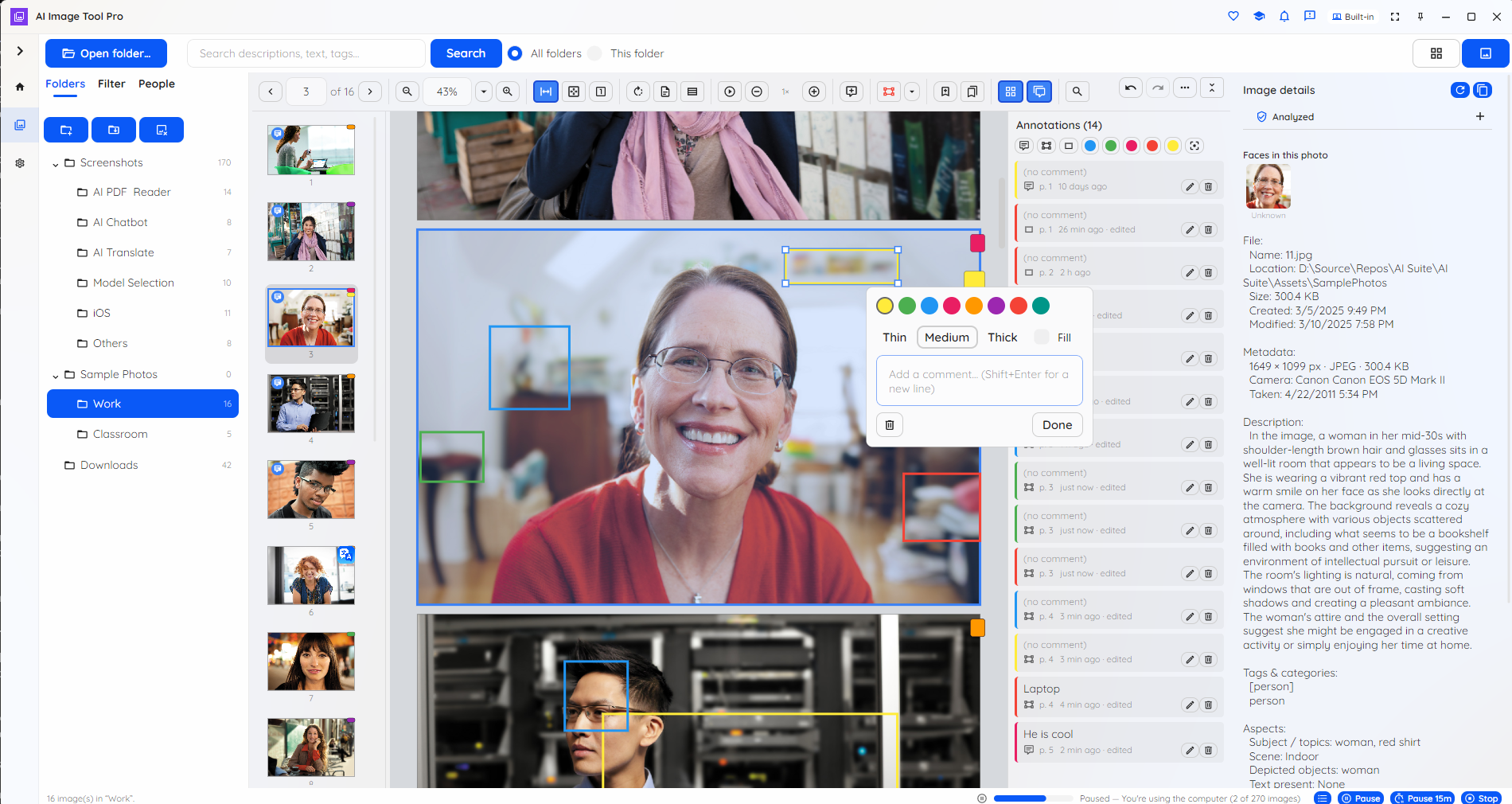 AI Image Tool annotating a photo with a region and comment