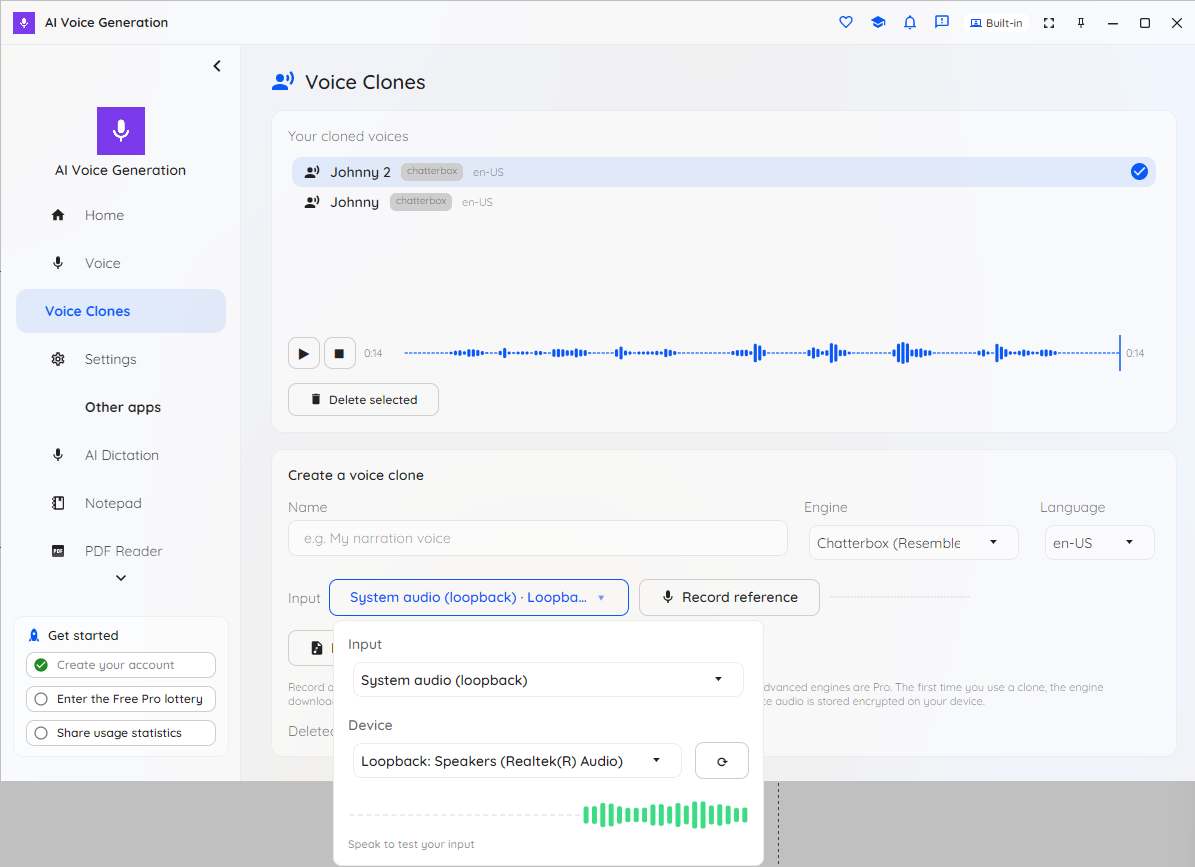 Capturing the computer's own audio as a reference source for cloning