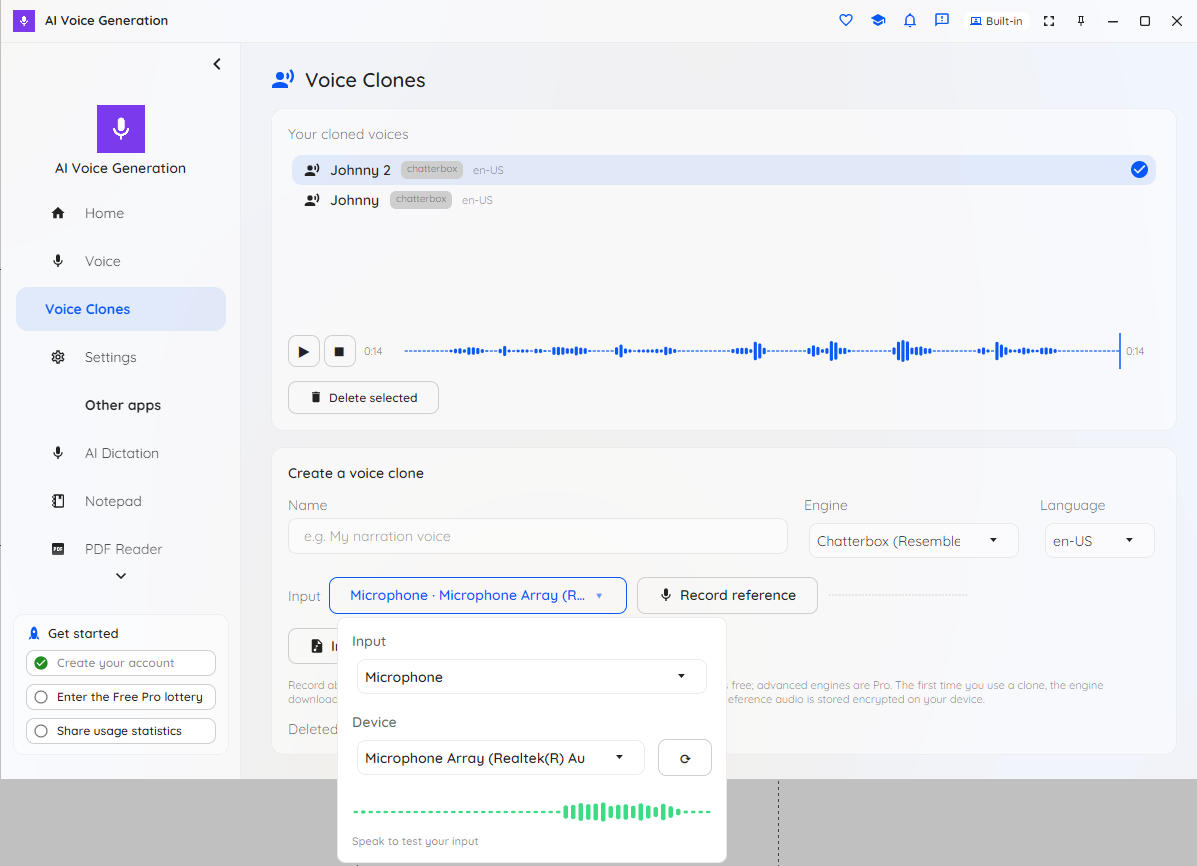 Recording a reference clip from the microphone to clone your own voice