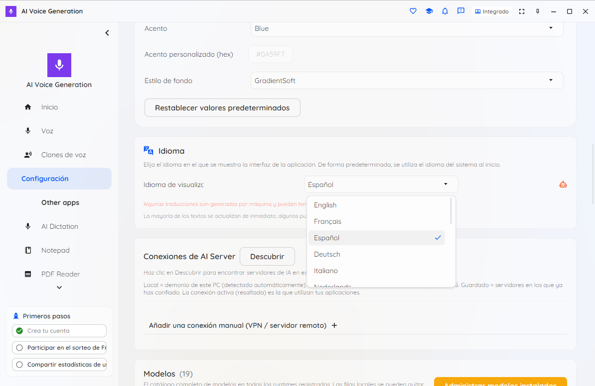The interface language selector showing the 16 supported languages