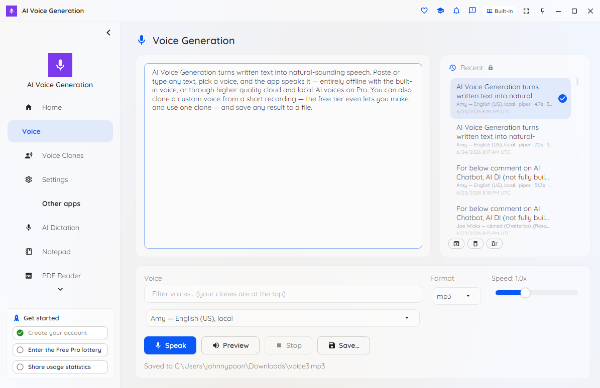The AI Voice Generation page with text entered, the voice picker, speed control and the Speak, Stop and Save buttons